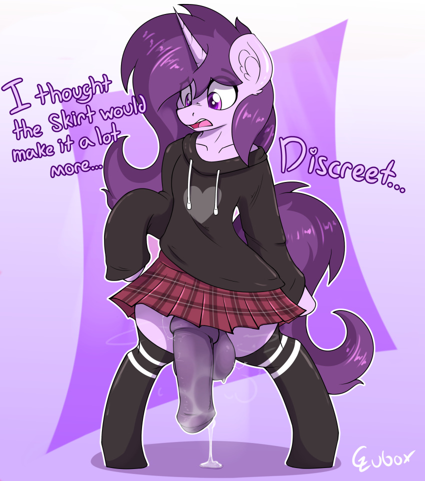 absurd_res balls bodily_fluids bottomwear clothed clothing crossdressing cum czu czupone dialogue english_text equid equine fan_character footwear genital_fluids genitals hair hasbro heart hi_res hoodie horn legwear male male_only mammal medial_ring miniskirt my_little_pony penis precum purple_eyes purple_hair quadruped semi-anthro skirt socks stockings sweat sweaty_balls sweaty_genitalia sweaty_penis text thigh_highs thigh_socks topwear unicorn