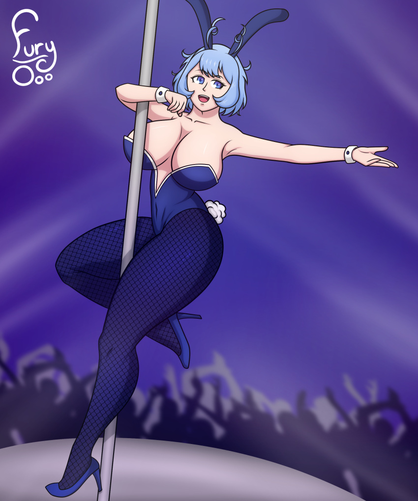 1girls audience being_watched blue_eyes blue_hair breasts bunny_ears bunny_tail bunnysuit crowd female fishnet_stockings fishnets fully_clothed fury_o hi_res huge_breasts light-skinned_female light_skin my_hero_academia nejire_hado pole pole_between_breasts pole_dancer pole_dancing tagme