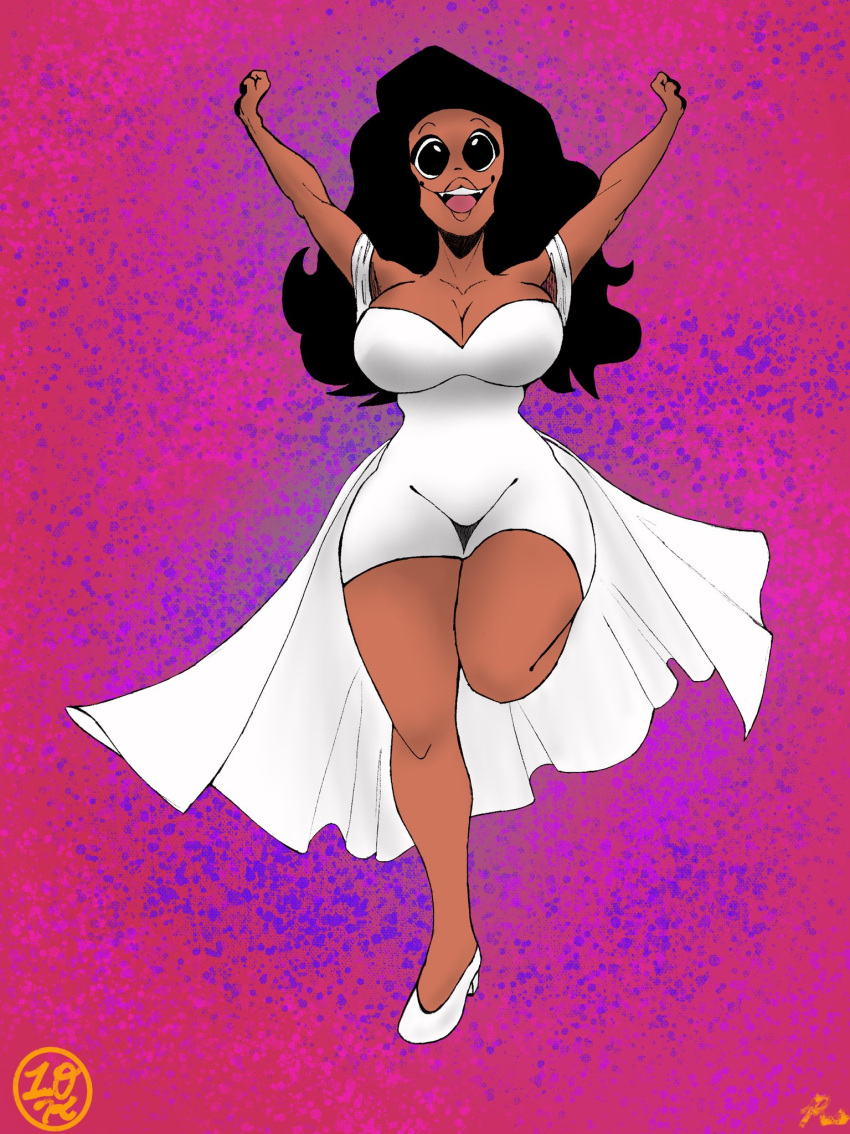 1girls arms_up breasts brown_hair cleavage d_c_reese dark-skinned_female dark_skin dress fanart female female_focus heels hourglass_figure large_breasts long_hair long_legs ohthesunnyside overflowing_breasts pink_background plump_lips smiling solo solo_female sunny_(ohthesunnyside) thick_thighs thighs tight_clothing tight_dress white_dress white_heels