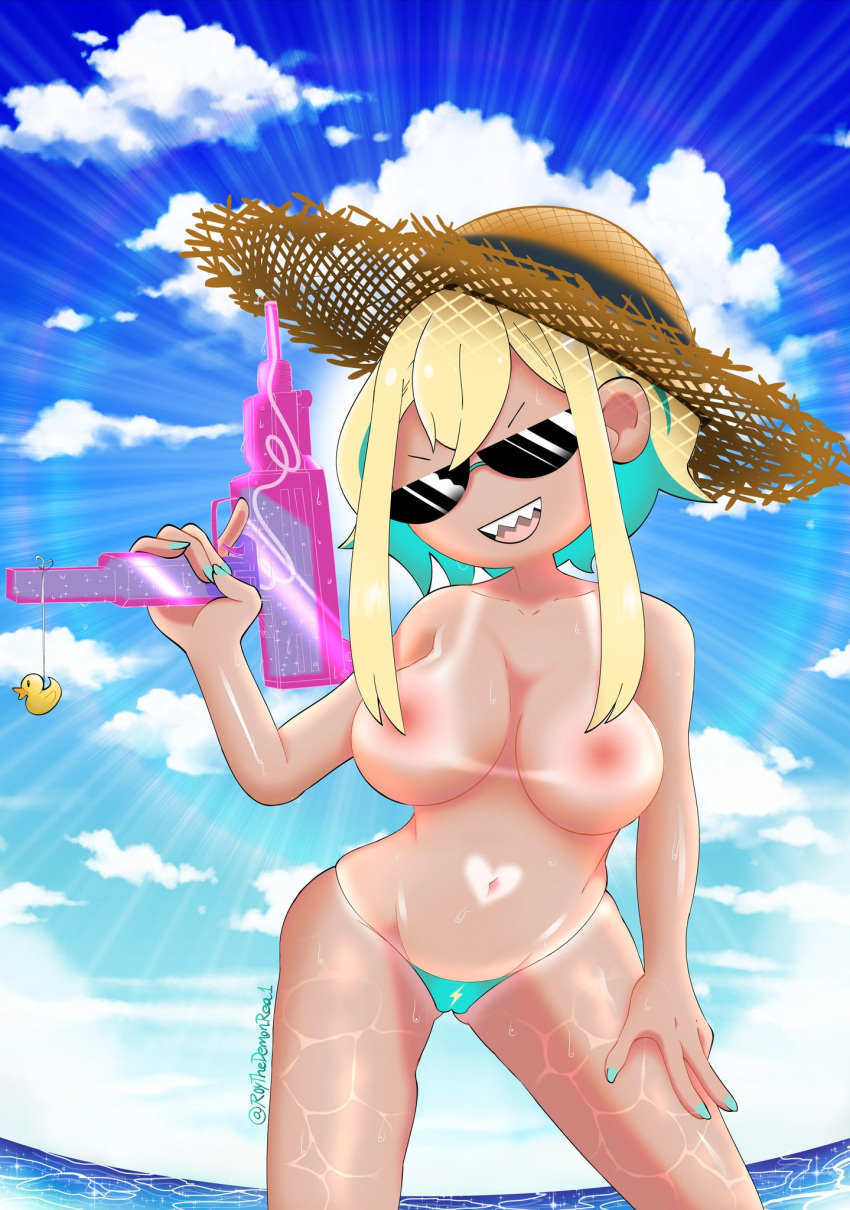 amano_pikamee beach big_breasts bikini bikini_bottom blonde_hair roy_the_demon_reaper sharp_teeth solo_female straw_hat sunglasses tan_skin tanline tinted_eyewear virtual_youtuber voms_project water_gun