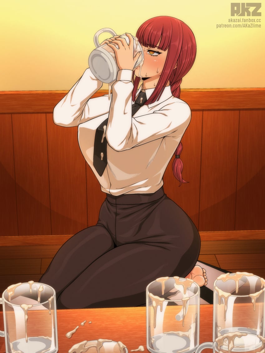 1girls akazlime barefoot beer_bottle big_breasts casual_bukkake chainsaw_man clothed cum cum_drinking cum_in_container drinking drinking_cum female gokkun makima_(chainsaw_man) naughty_face seductive_look