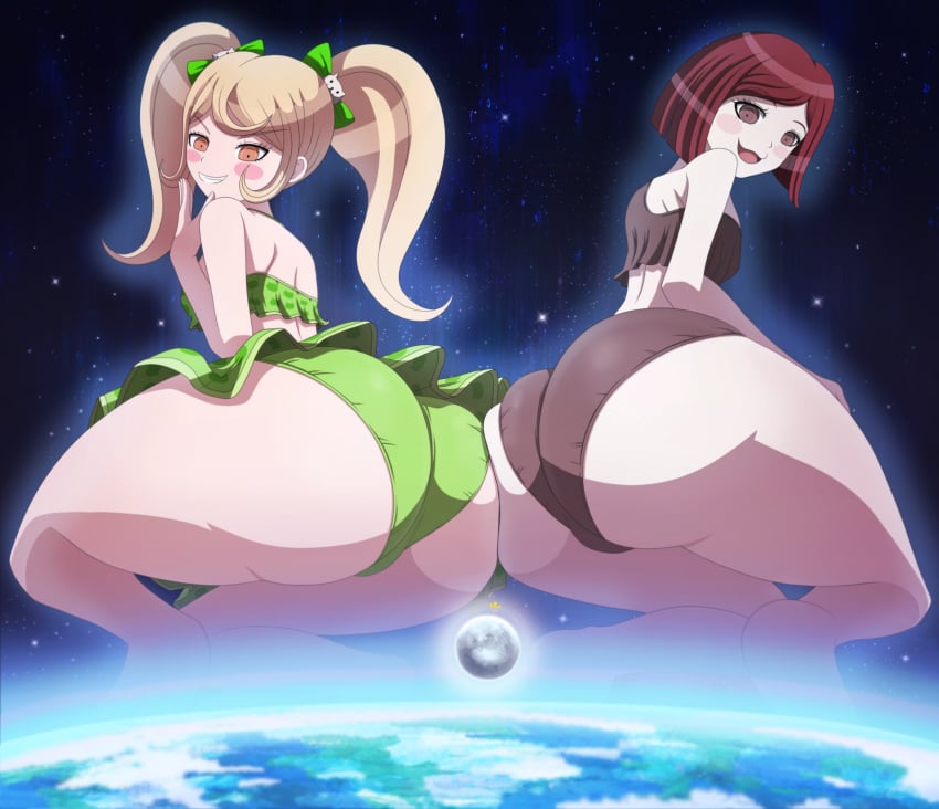 2021 2girls ass bikini blonde_hair blush bow breasts butt butt_squish color danganronpa danganronpa_2:_goodbye_despair danganronpa_s:_ultimate_summer_camp danganronpa_v3 earth female_only giantess growth huge_ass long_hair looking_at_viewer looking_back macro moon multiple_girls open_mouth orange_eyes partially_clothed red_eyes red_hair saionji_hiyoko short_hair shortstack smiling smirk space squatting straight_hair thedaibijin thick_thighs twintails white_skin yumeno_himiko