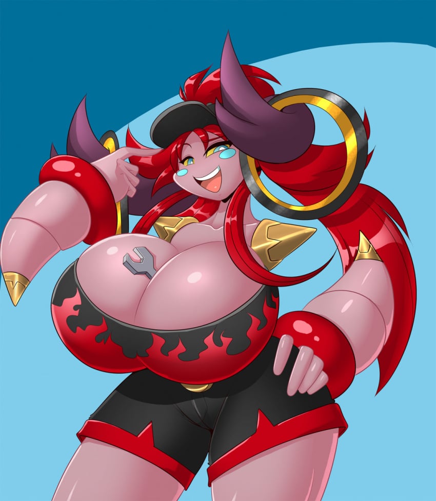 1girls 2022 anthro breasts breasts_bigger_than_head cleavage detached_arm female female_only gaige_(directorscar) grey_body hand_on_hip hoopa huge_breasts long_hair looking_at_viewer mastergodai nintendo pokemon red_hair ring smile solo upstairstudios wrench yellow_sclera