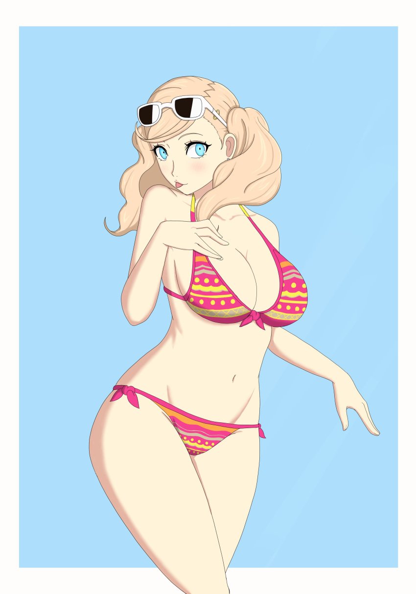 ann_takamaki big_ass big_breasts bikini blonde_hair blue_eyes breasts cleavage eyewear_on_head large_breasts nahone_peko persona persona_5 sunglasses sunglasses_on_head swimsuit teenager thick_thighs thin_waist tongue tongue_out twintails wide_hips