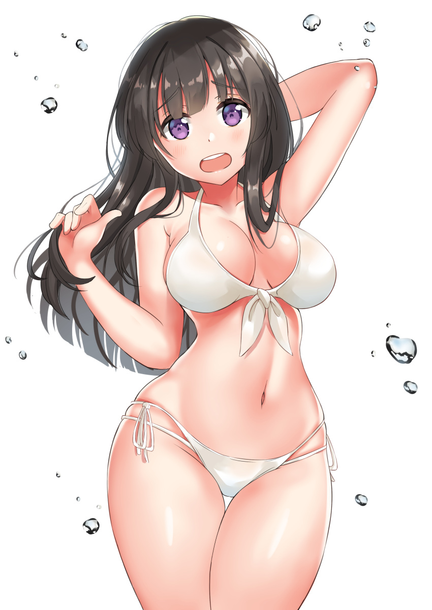 bang_dream! belly_button bikini black_hair blush large_breasts long_hair navel purple_eyes shirokane_rinko sweetcheese swimsuit water_droplets white_bikini white_swimsuit