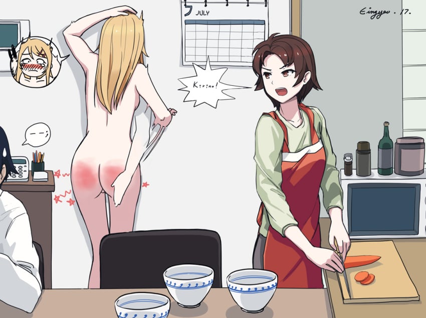 1boy 2girls after_spanking blonde_hair blush blushing brown_hair clothed_female_nude_female clothed_male_nude_female discipline dominant_female eingyeo facing_wall female femdom femsub kirino_kosaka posing punishment punishment_spanking red_butt rubbing_butt sore_bottom spank_marks spanking submissive_female talking_to_another yelling