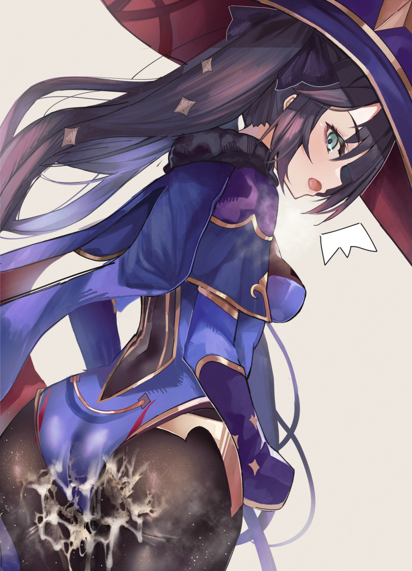 ass back big_ass black_hair blue_eyes bodysuit breasts cum cum_on_ass female fur_trim genshin_impact hat highres long_hair mona_(genshin_impact) open_mouth small_breasts solo spread_legs suujiniku twintails wide_hips witch_hat