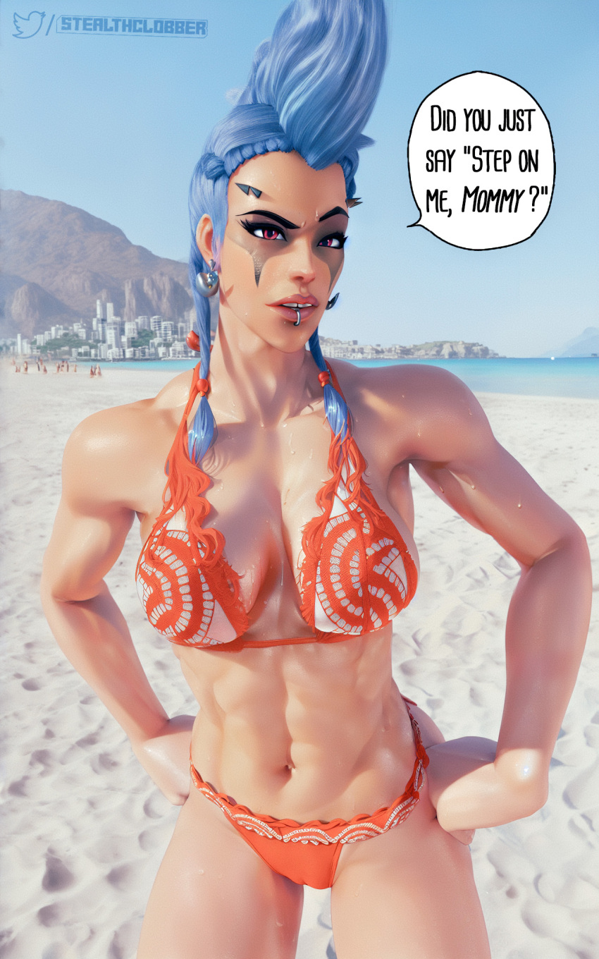 1girls 3d abs beach big_breasts bikini black_nails blizzard_entertainment blue_hair breasts earrings english_text female female_focus female_only fit fit_female junker_queen large_breasts lip_piercing looking_at_viewer muscular muscular_female odessa_stone overwatch overwatch_2 pierced_lip piercing red_eyes solo solo_female solo_focus speech_bubble stealthclobber swimsuit text toned toned_female