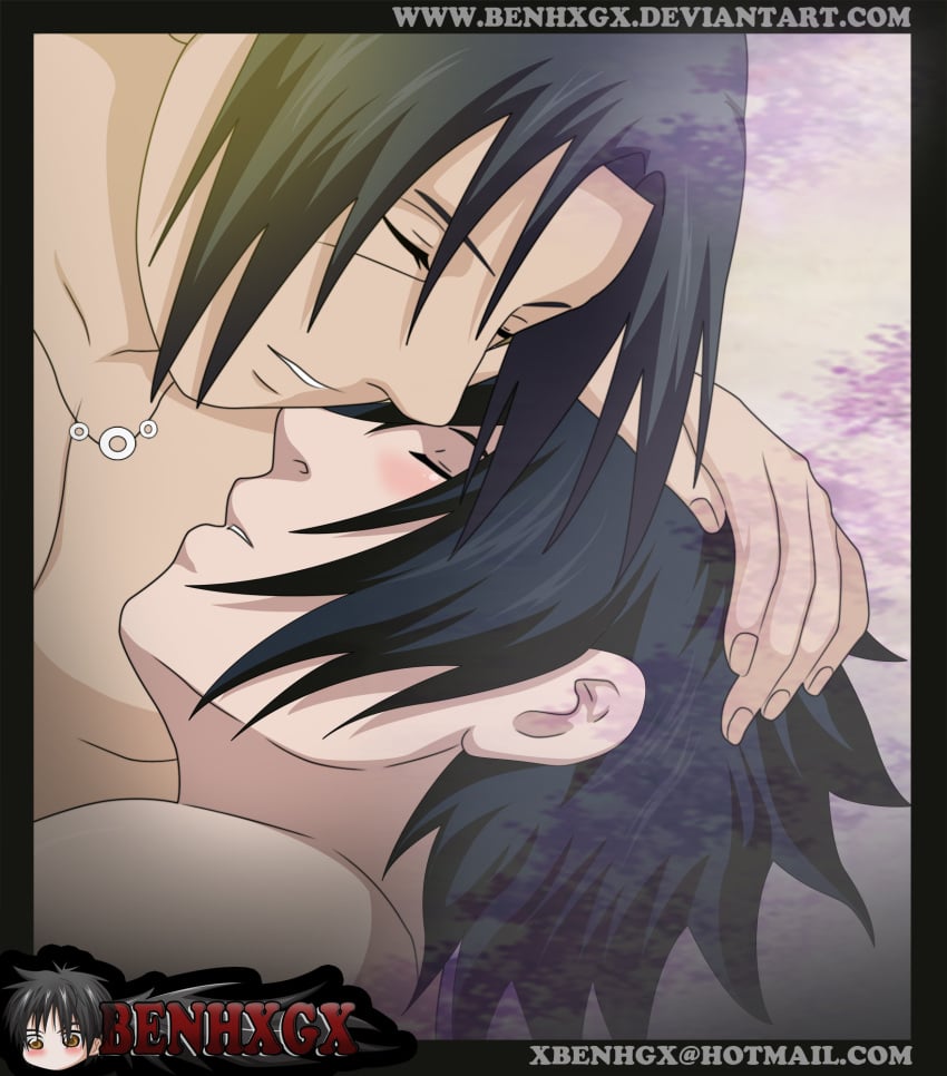 2boys benhxgx black_hair brothers closed_eyes cuddling gay head_pat lying_on_side male male/male male_only naked naruto older_brother_and_younger_brother sasuke_uchiha uchiha_itachi yaoi