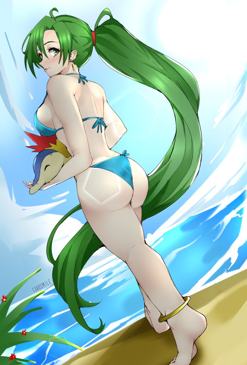 1340smile 1girls absurdres alternate_costume ass back back_view bare_back bare_legs barefoot beach big_ass bikini blue_bikini blue_swimsuit breasts commission cyndaquil earrings facing_away feet female female_only fire_emblem fire_emblem:_the_blazing_blade from_behind green_eyes green_hair heel_up highres holding holding_pokemon legs long_hair looking_at_another looking_at_viewer looking_back lyn_(fire_emblem) medium_breasts nintendo ocean outdoors pokemon pokemon_(game) pokemon_(species) sideboob smile solo swimsuit toes very_long_hair