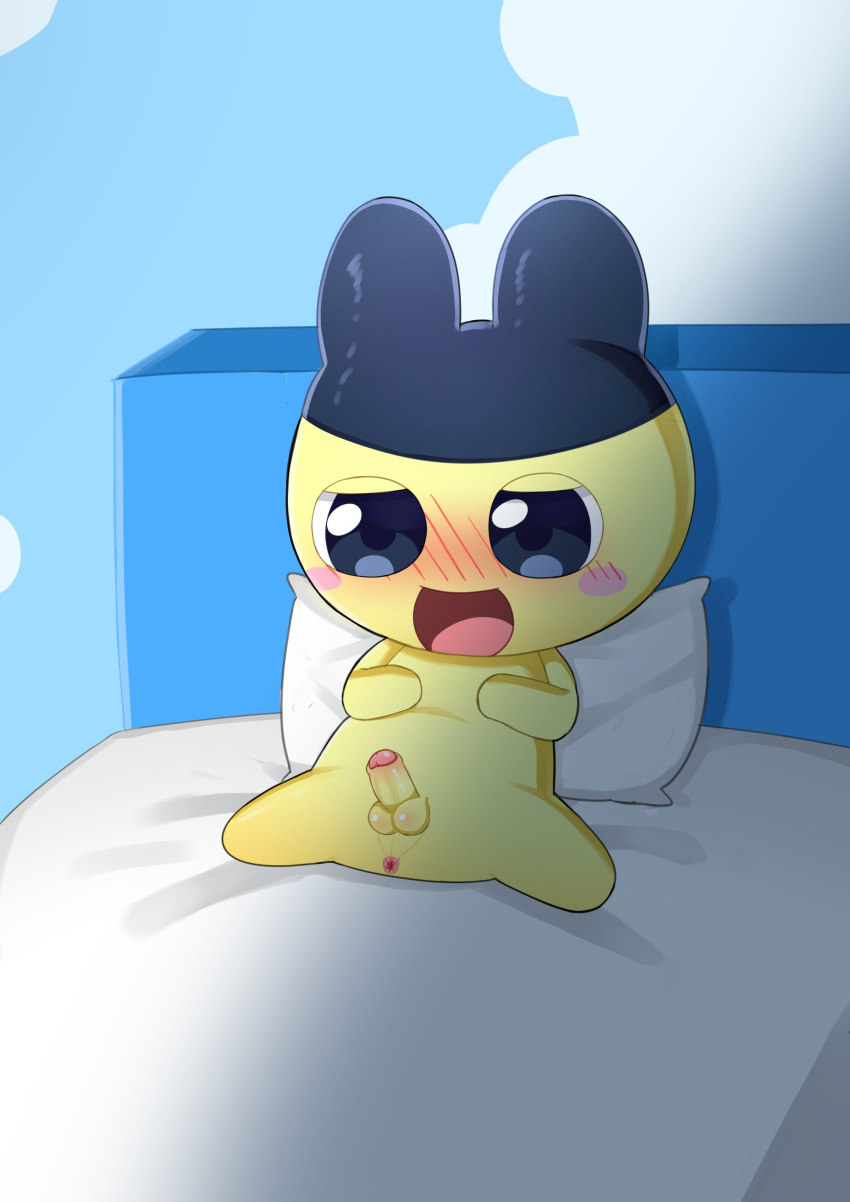 0227 1boy absurd_res anthro anus balls bed blue_eyes blush foreskin furniture genitals hi_res male male_only mametchi on_bed open_mouth penis pillow solo spread_legs spreading tamagotchi yellow_body