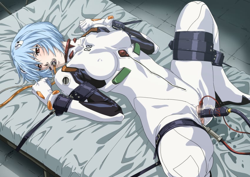 1girls bed blue_hair blush bondage bound censored clitoral_stimulation clothing covered_nipples erect_nipples erect_nipples_under_clothes fellatio female female_only femsub forced_orgasm hair_ornament himemura_saki medium_breasts mosaic_censoring neon_genesis_evangelion object_insertion oral plugsuit red_eyes rei_ayanami restrained short_hair simulated_fellatio solo solo_female tube utter_domination vaginal_object_insertion vaginal_penetration