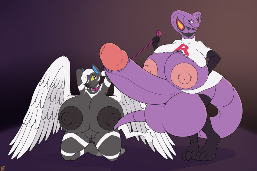 anthro arbok areola badgerben balls big_balls big_breasts big_penis black_areola black_nipples bottomwear breasts clothing collar duo erection female genitals gloves grey_body gynomorph hair hands_behind_head handwear huge_balls huge_breasts huge_cock hyper hyper_balls hyper_breasts hyper_genitalia hyper_penis ineffective_clothing intersex intersex/female kneeling leash leash_pull leggings legwear logo looking_at_another nintendo nipples nude penis pink_areola pink_nipples pokémon_(species) pokemon purple_body pussy shirt skirt smile team_rocket topwear torn_clothing torn_shirt torn_topwear video_games white_hair wings zebstrika