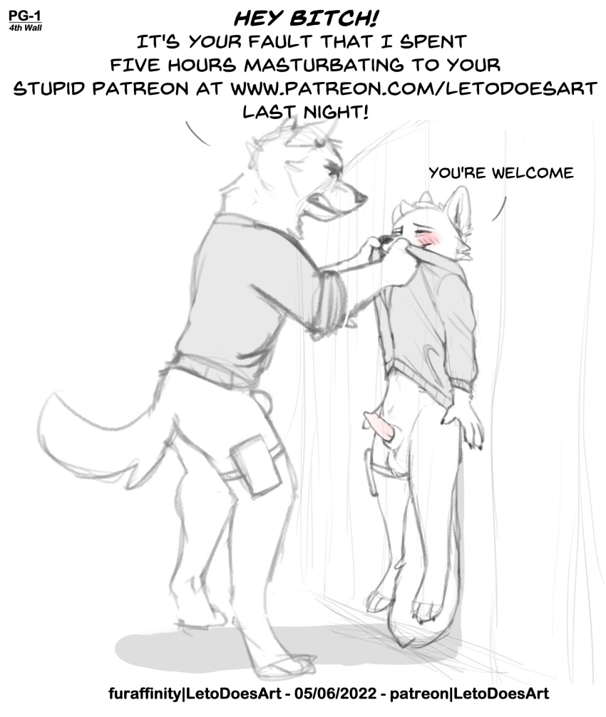 2022 animal_genitalia animal_penis anthro balls canid canine canine_penis canis dialogue duo english_text fox genitals hi_res larger_anthro larger_male leto_(letodoesart) letodoesart male male/male mammal penis sheath size_difference smaller_anthro smaller_male text wolf