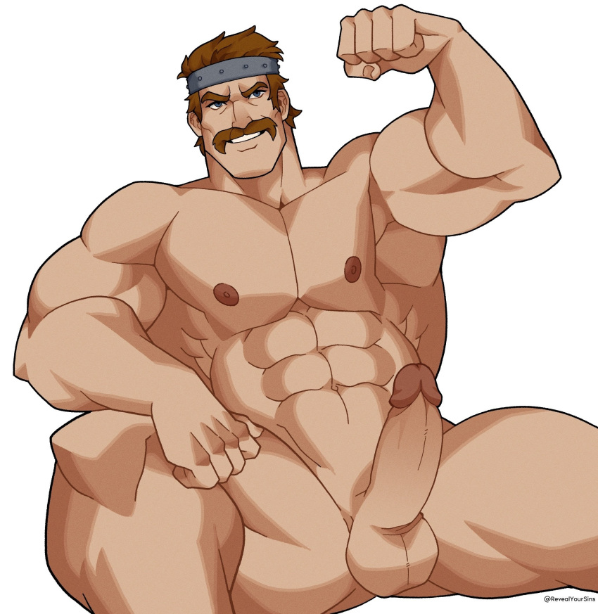 balls bara bartre_(fire_emblem) boner erection facial_hair fire_emblem fire_emblem:_the_binding_blade flexing flexing_bicep gay male male_only moustache muscles muscular nintendo penis revealyoursins solo solo_male spread_legs