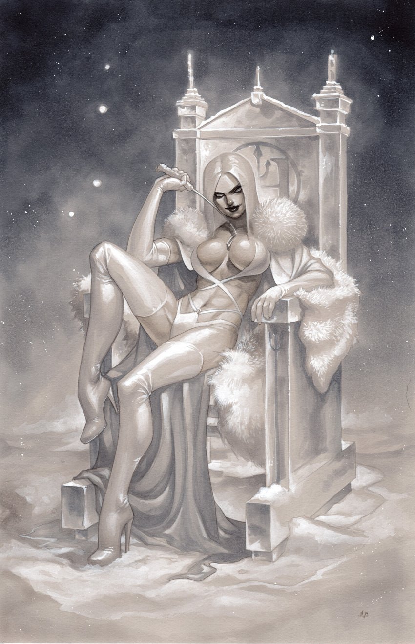 1girls clothed emma_frost female female_only marvel marvel_comics meghan_hetrick monochrome traditional_media_(artwork) white_clothing white_queen x-men