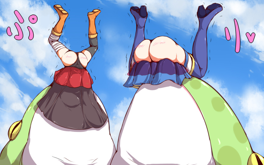 10s 2girls amphibian animal aqua_(konosuba) ass ass_blush bandaged_leg bandages black_panties blue_skirt blue_sky blush boots cape cloud creature day feral frog giant_frog giant_toad goddess head_out_of_frame highres huge_ass humiliation inugami-ke_no_ichizoku_pose jiggle kono_subarashii_sekai_ni_shukufuku_wo! legs lower_body megumin multiple_girls no_panties orange_footwear oversized_animal panties red_skirt ryona single_thighhigh skirt sky struggling thigh_boots thighhighs thighs thong toad trembling underwear upside-down upskirt vore wedgie wizard