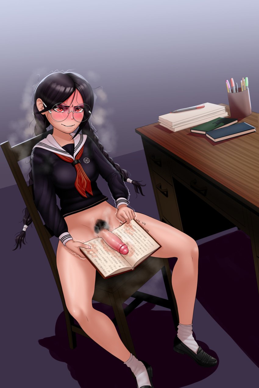 1futa big_penis black_hair black_pubes black_pubic_hair blush book books bottomless bottomless_futanari braid breasts chair clothed clothing danganronpa desk dixieduckart erection flushed_face fukawa_touko futa_only futa_pubic_hair futanari glasses human light-skinned_futanari light_skin long_hair partially_clothed penis pubic_hair round_glasses sailor_uniform school_uniform self-harm_scars self_harm_scars smelly smelly_cock smooth_penis smooth_skin solo solo_futa source_request spread_legs tally_marks twintails