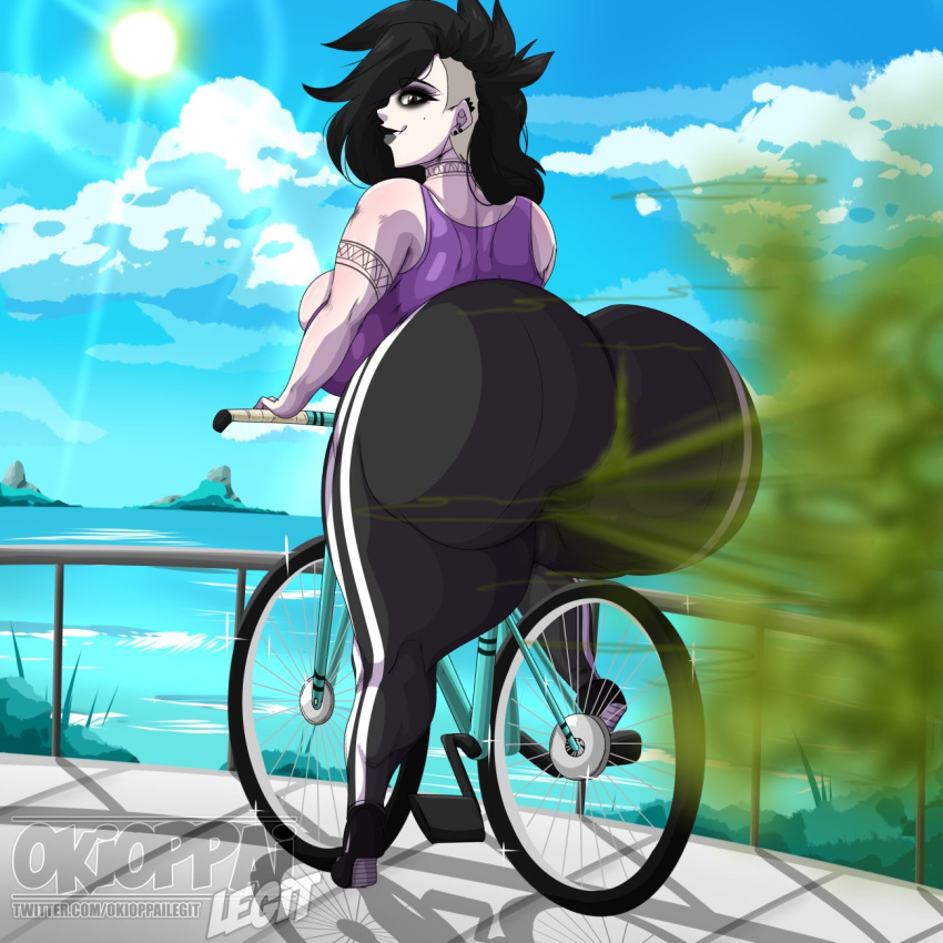 1girls 2022 alternate_version_available bicycle big_breasts bike black_hair breasts clothed clothing fart fart_cloud fart_fetish farting female female_only gas gassy goth hi_res huge_ass huge_breasts large_ass large_breasts looking_at_viewer okifetish pandora_(okioppai) pants shirt sky sun watermark yoga_pants