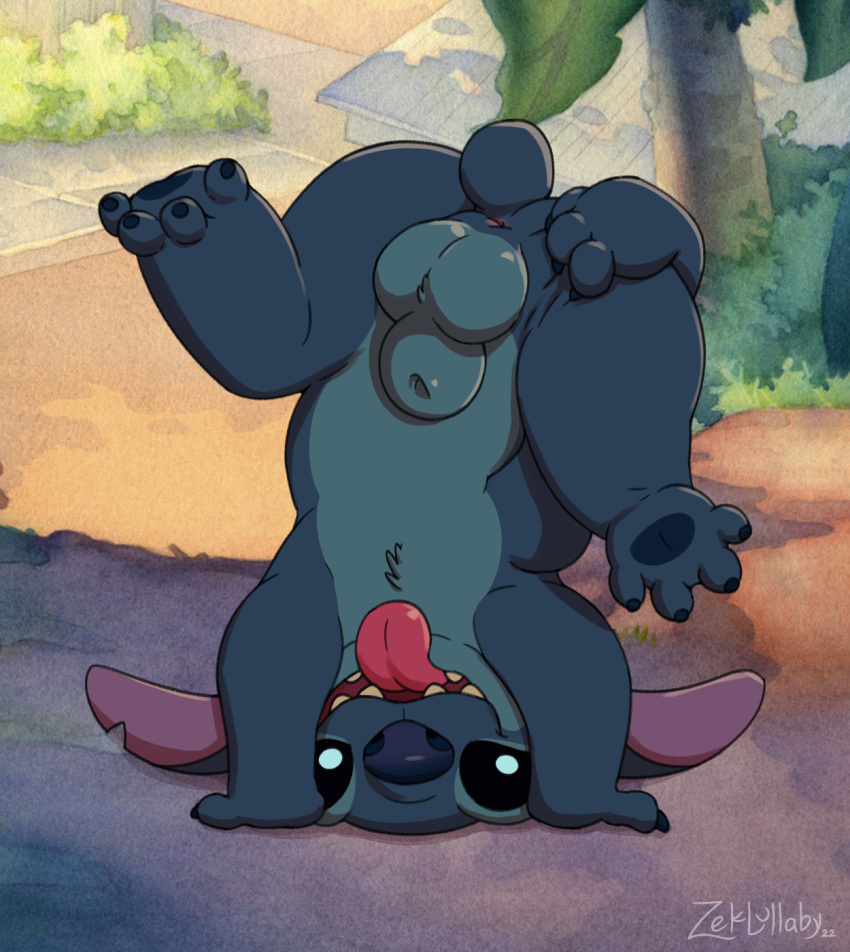 1boy 4_fingers alien animal_genitalia ass balls blue_body blue_fur blue_nose claws digital_media_(artwork) disney experiment_(lilo_and_stitch) feet fingers fully_sheathed fur genitals hi_res lilo_and_stitch looking_at_viewer male male_only notched_ear penis presenting presenting_balls presenting_hindquarters sheath solo stitch toes tongue tongue_out upside-down zeklullaby