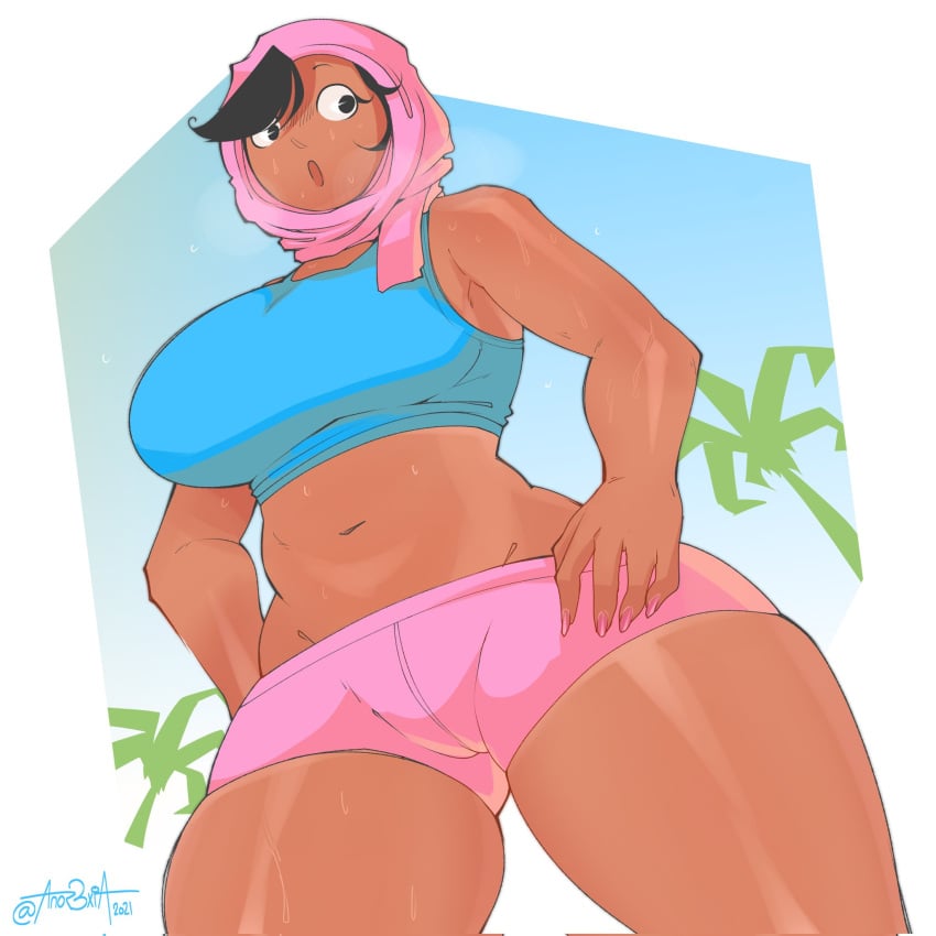 1girls 2021 anor3xia big_breasts black_eyes black_hair dark-skinned_female dark_skin duolingo female hands_on_hips hijab hood looking_to_the_side midriff nail_polish navel pink_nails short_hair solo sweat thick_thighs watermark zari_(duolingo)