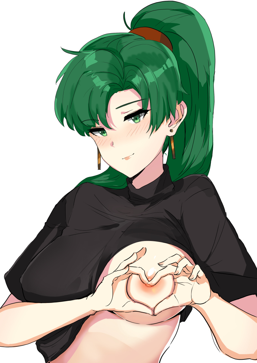 1girls big_breasts blush breasts earrings finger_heart fire_emblem fire_emblem:_the_blazing_blade flashing_breasts green_eyes green_hair hi_res looking_at_viewer lyn_(fire_emblem) nintendo nipples one_breast_out one_nipple_out ormille shirt_lift solo