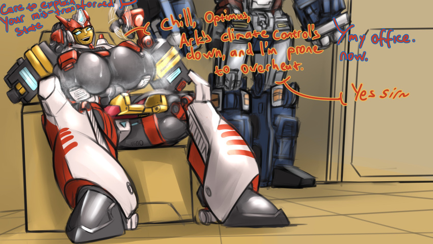 dialogue epsi110 fan female huge_breasts optimus_prime override seated sigma smile smug spread_legs sweat transformers