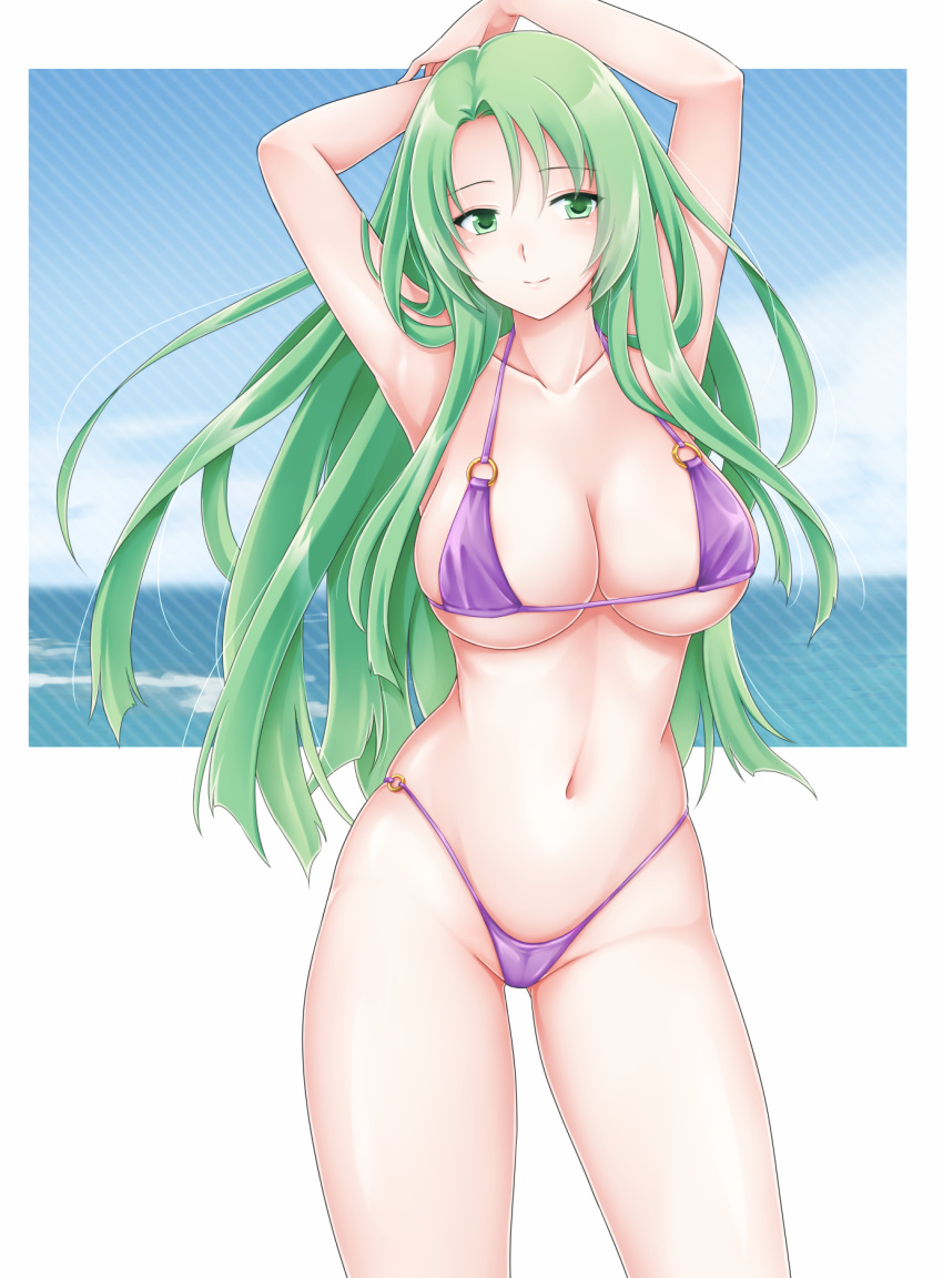 1girls alternate_costume arms_up bare_legs bikini breasts cameltoe cecilia_(fire_emblem) cleavage collarbone cowboy_shot female female_only fire_emblem fire_emblem:_the_binding_blade green_eyes green_hair groin halterneck ham_pon highres large_breasts legs long_hair looking_at_viewer navel nintendo o-ring o-ring_bikini o-ring_bottom o-ring_top ocean purple_bikini purple_swimsuit sideboob simple_background smile solo string_bikini swimsuit underboob very_long_hair