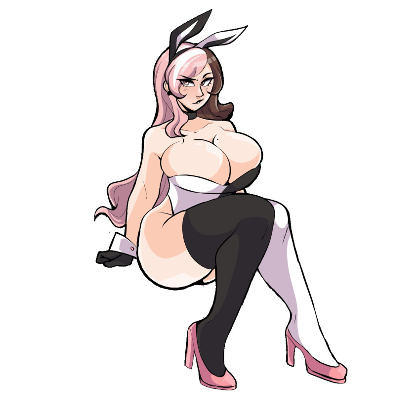 1girls bare_thighs beauty_mark bluueygooey breasts brown_eyes brown_hair bunny_ears bunny_girl bunnysuit cleavage crossed_legs curvy female female_only gloves heterochromia huge_breasts leotard looking_at_viewer mole mole_on_breast multicolored_hair neo_(rwby) pink_eyes pink_hair playboy_bunny rwby sitting smile solo thick_thighs thighhighs thighs very_long_hair voluptuous white_background