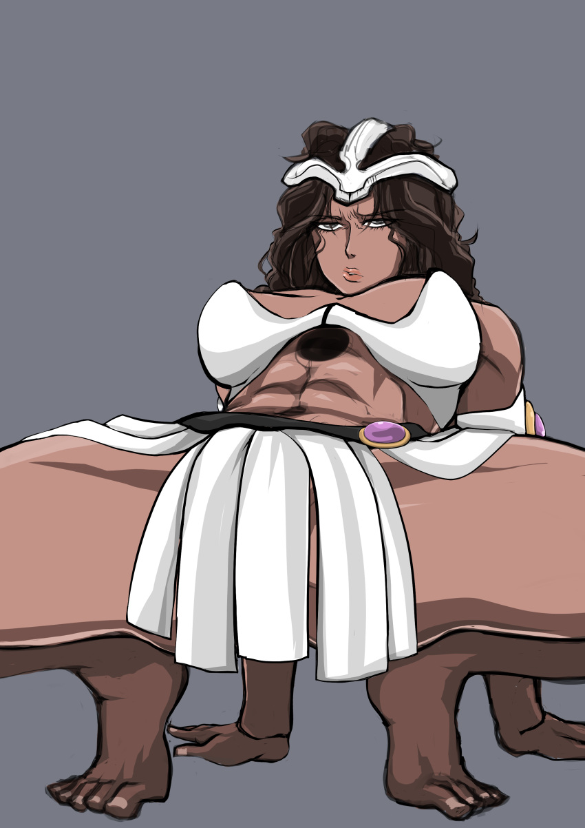 1girls abs all_fours arm_support armor arrancar barefoot belt bleach breasts brown_skin crop_top curly_hair dark-skinned_female dark_skin espada feet female female_only leaning leaning_back long_hair mila_rose muscular muscular_female no_panties revealing_clothes skirt solo solo_focus soyuzu spread_legs squatting thick_thighs toes wavy_hair