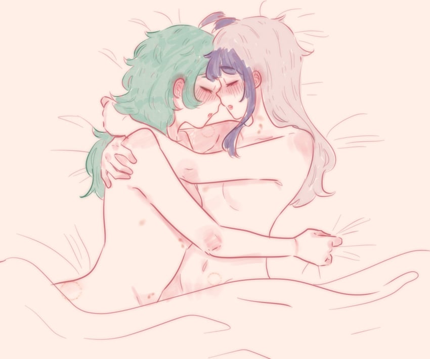 2girls after_sex bare_arms bare_back bare_shoulders bedding bedding_background bite bite_mark blush blushing_profusely bruise bruised bruises embrace embracing embracing_another facing_another facing_each_other facing_to_the_side female female_focus female_only green_hair hickey hickey_marks holding_another hugging long_hair lying_on_bed lying_on_side medium_breasts mia_(pockiseisont) multiple_girls naked naked_female navel navel_line nude nude_female nudity oc original_character pockiseisont purple_hair romantic romantic_ambiance romantic_couple romantic_sex runa_(pockiseisont) silver_hair sleeping slim slim_waist wide_hips yuri