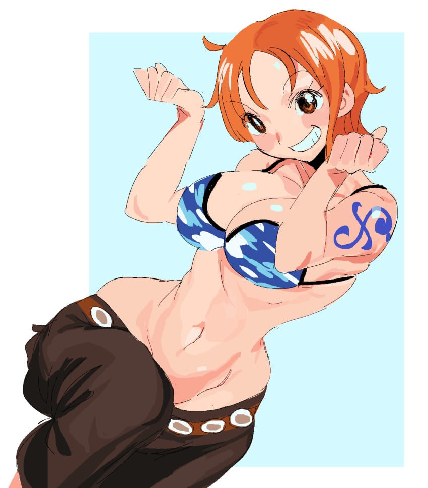 1girls big_breasts bikini_top breasts brown_eyes cleavage female female_only nami one_piece orange_eyes orange_hair pants pre-timeskip short_hair shoulder_tattoo sky_island_saga skypiea solo tagme tattoo whoopsatro