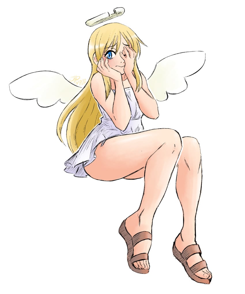 1boy angel angel_boy angel_wings balls blond_hair blond_hair_male blond_male blonde_hair blonde_hair_male blonde_male blue_eyes blue_eyes_male bottomless bottomless_male clothed clothing covering_face crimvael cute cute_male embarrassed feet femboy fit fit_male flat_chest functionally_nude functionally_nude_male humanoid ishuzoku_reviewers legs_together light-skinned_male light_skin long_hair male male_focus male_only monster_boy mostly_clothed penis sandals sitting solo solo_focus solo_male toes videajames white-skinned_male white_skin wings