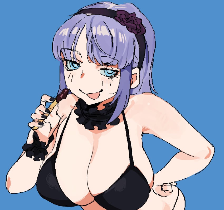 1girls big_breasts bikini black_bikini black_hairband black_nails blue_background blue_eyes bra breasts busty cleavage commission confident dagashi_kashi female food hairband hand_on_hip highres holding holding_food large_breasts leaning_forward looking_at_viewer medium_hair open_mouth pose posing purple_hair seductive seductive_look seductive_smile sensual shadow shidare_hotaru simple_background smile solo swimsuit tagme underwear whoopsatro