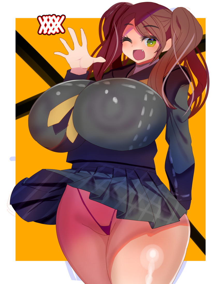 alternate_breast_size big_breasts fang huge_breasts kujikawa_rise nananana nipples_visible_through_clothing persona persona_4 pigtails see-through_clothing sling tagme underwear venus_body wink