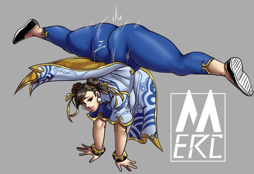 1girls ass ass_clapping ass_shake ass_up big_ass brown_hair chun-li chun-li_(street_fighter_6) clapping_cheeks clothing dat_ass female female_only handstand itsyamatemerc looking_at_viewer motion_lines solo splits spread_legs street_fighter street_fighter_6 thick_ass thick_thighs twerking