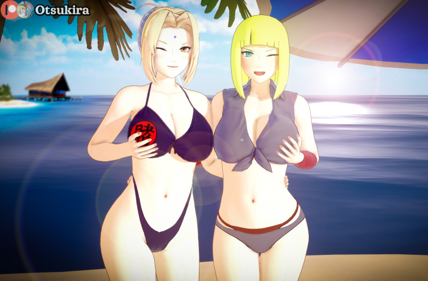 2girls 3d adapted_costume alternate_costume alternate_hairstyle beach beach_umbrella big_breasts bikini blonde_hair blue_eyes blunt_bangs breast_grab breasts breasts breasts brown_eyes bust cleavage female female_only fondling fondling_breast hair_bun hand_on_breast hand_on_own_breast hand_on_waist highleg highleg_bikini holding_partner koikatsu landscape long_hair looking_at_viewer mature mature_female mature_woman midriff multiple_females multiple_girls naruto naruto_(series) naruto_shippuden ocean one_eye_closed oppai otsukira outdoors presenting presenting_breasts presenting_self samui sand seaside self_fondle shirt shore smile sunlight swimsuit take_your_pick tied_hair tied_shirt tsunade umbrella water wink