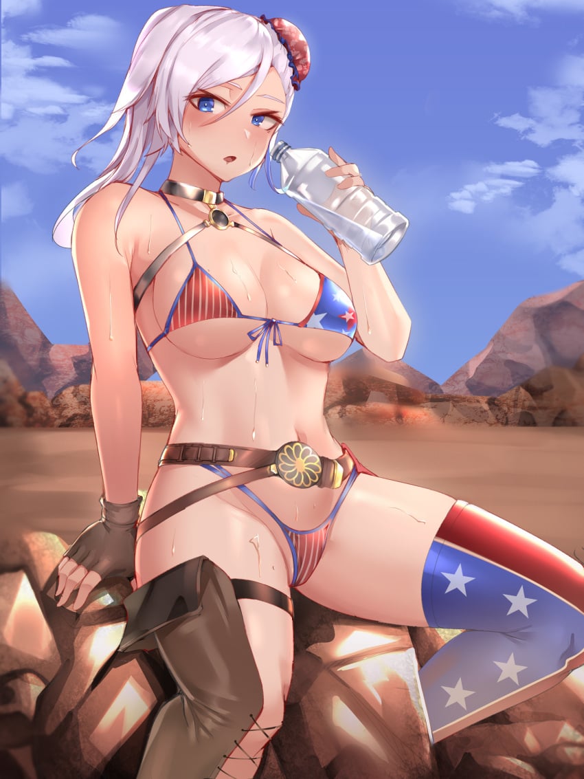 1girls 2022 absurd_res american_flag_bikini asymmetrical_hair bikini blue_eyes boots breasts bun_cover clyde_s desert fate/grand_order fate_(series) female female_only hair_ornament hips large_breasts long_hair looking_at_viewer miyamoto_musashi_(fate) miyamoto_musashi_(swimsuit_berserker) one_thighhigh outdoors slim_waist sweat sweaty_body thick_thighs thighs water_bottle wide_hips