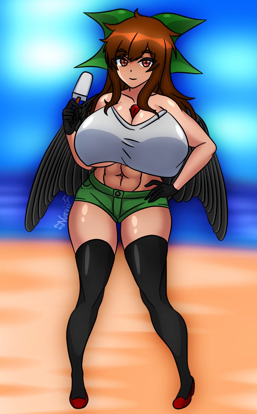 1girls abs beach bird_wings black_gloves black_tights black_wings blue_sky bow brown_hair cloud cloudy_sky eyebrows_visible_through_hair eyelashes gloves green_bow green_legwear green_shorts hair_ornament long_hair looking_at_viewer muscular_female navel nuevii ocean popsicle red_eyes red_footwear red_heels sand shirt short_shorts shorts sleeveless_shirt smile solo thighs tights touhou utsuho_reiuji water white_shirt wings