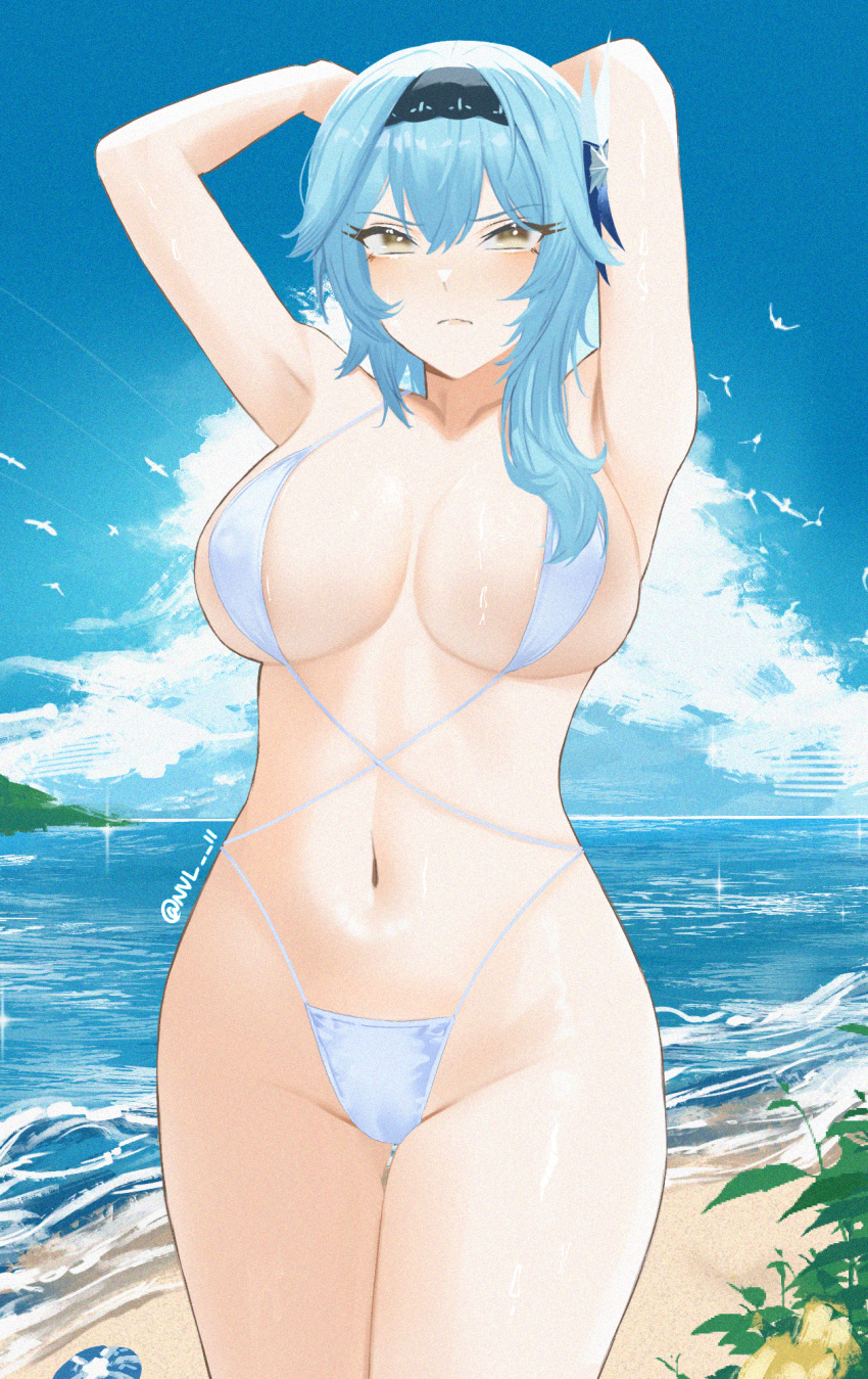 bangs beach bikini black_hairband blue_hair blue_sky blush breasts eula_(genshin_impact) female genshin_impact hair_ornament hairband highres large_breasts looking_at_viewer medium_hair nvl ocean shore sidelocks sky swimsuit thighs white_bikini yellow_eyes