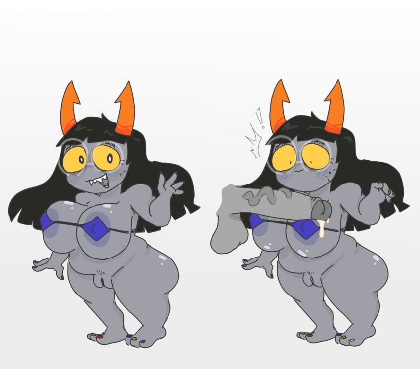 1girls amisia_erdehn big_ass big_breasts big_butt bikini_top bottomless cum errorplush glasses grey_skin hiveswap horns long_hair nipple_bulge pussy sharp_teeth shorter_female shortstack size_difference surprised sweat vagina yellow_eyes