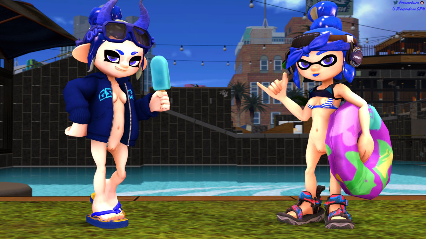 2girls 3d blue_eyes blue_hair breasts convex_(freezerburn) dev_(freezerburn) female_only flip_flops freezerburnsfm hand_gesture headgear ice_cream inkling inkling_girl nipples octoling octoling_girl popsicle revealing_breasts sandals sfm source_filmmaker splatoon splatoon_2 striped_bra tank_top_lift unzipped_jacket vagina water