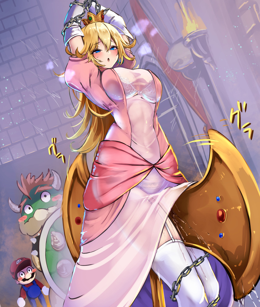 1girls 2boys arms_above_head arms_up axe big_breasts blonde_hair blue_eyes blush bondage bowser bra bra_visible_through_clothes breasts breath chains crotch_rub damsel_in_distress dungeon elbow_gloves female_ejaculation femsub forced_orgasm garter_belt garter_straps grinding grinding_on_weapon half-closed_eyes lacy_bra long_hair mario mario_(series) monikano nintendo open_mouth orgasm panties panties_visible_through_clothing princess princess_dress princess_peach pussy_grinding pussy_juice see-through see-through_clothing see-through_dress super_mario_bros. super_mario_bros._(nes) thighhighs white_bra white_panties white_thighhighs