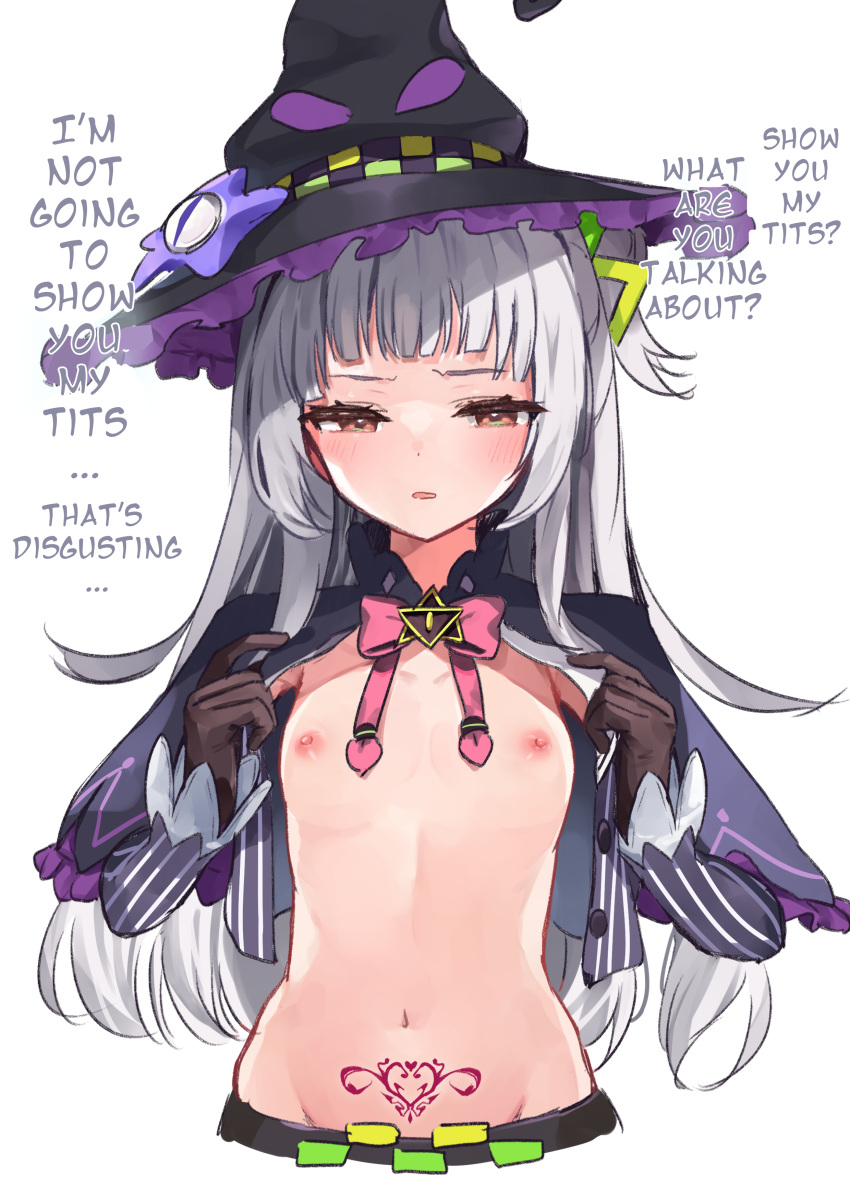 1girls armpits belly_tattoo corrupted corruption english_text exhibitionism hololive hololive_gen_2 hololive_japan hypnosis mind_control murasaki_shion namama_(namama82) nipples orange_eyes pubic_tattoo small_breasts tattoo translated virtual_youtuber white_hair witch_hat