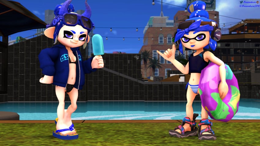 2girls 3d bikini blue_eyes blue_hair convex_(freezerburn) dev_(freezerburn) female_only flip_flops freezerburnsfm hand_gesture headgear ice_cream inkling inkling_girl looking_at_viewer octoling octoling_girl popsicle sandals sfm smirking_at_viewer source_filmmaker splatoon splatoon_2 striped_panties tank_top tongue_out unzipped unzipped_jacket water