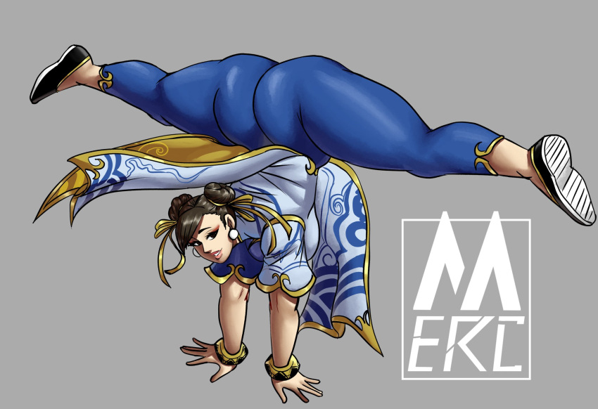 1girls ass ass_up big_ass brown_hair chun-li chun-li_(street_fighter_6) clothing dat_ass female female_only handstand itsyamatemerc looking_at_viewer solo splits spread_legs street_fighter street_fighter_6 thick_ass thick_thighs