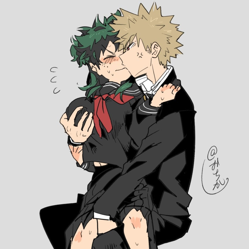 1boy 1girls adult_swim blonde_hair breast_grab clothing female female_deku green_hair groping groping_breasts hand_under_clothes hand_under_skirt izuku_midoriya katsuki_bakugou male my_hero_academia on_lap over_clothes rule_63 sailor_uniform school_uniform schoolboy schoolgirl sitting_on_lap spiky_hair toonami under_skirt