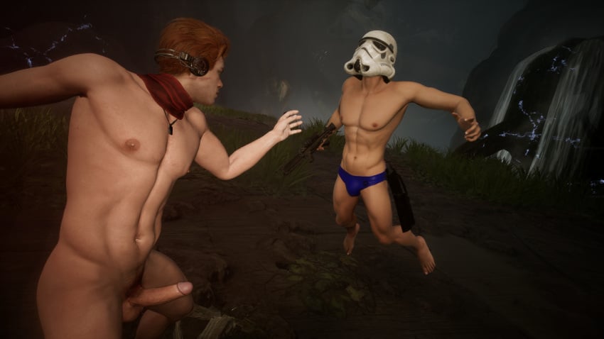 2boys abs athletic athletic_male background balls barefoot beach_trooper cal_kestis completely_nude detailed_background duo erection feet genitals gun headgear headphones helmet holding_gun holding_object holding_weapon jedi:_fallen_order levitation light-skinned_male light_skin magic magic_user male male_only maxveers23 necklace neckwear nude nude_male partially_clothed penis ranged_weapon red_hair rifle scarf short_hair soldier standing star_wars stormtrooper swimming_trunks swimwear the_force topless topless_male weapon yaoi