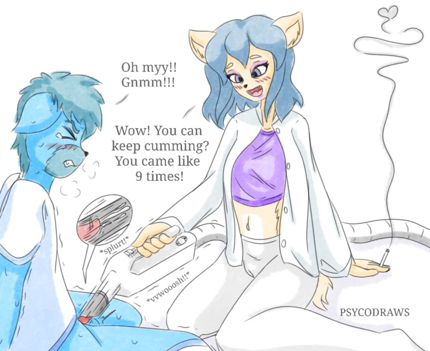 1boy 1girls anthro balls canine cigarette cleaning cleaning_tool clothed cum cum_inside cumshot dialogue doctor domination female femdom filip_(psyco) forced forced_orgasm fox furry furry_only half-dressed leggings machine male mature_female milf milking nurse original original_character penis psycodraws sellie_(psyco) small_penis smoke smoking straight submissive_male sucking_penis text vacuum vacuum_cleaner vacuum_fellatio younger_male