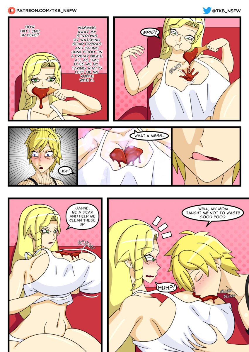 age_difference big_breasts blonde_hair blue_eyes blush breast_grab comic couch eating food_on_breasts glasses glynda_goodwitch grabbing_breasts green_eyes jaune_arc large_breasts licking_breast licking_lips loose_clothes massive_breasts panties rwby shocked straight student tank_top teacher teacher_and_student team_jnby text text_bubble thick_thighs tkb_nsfw wide_hips